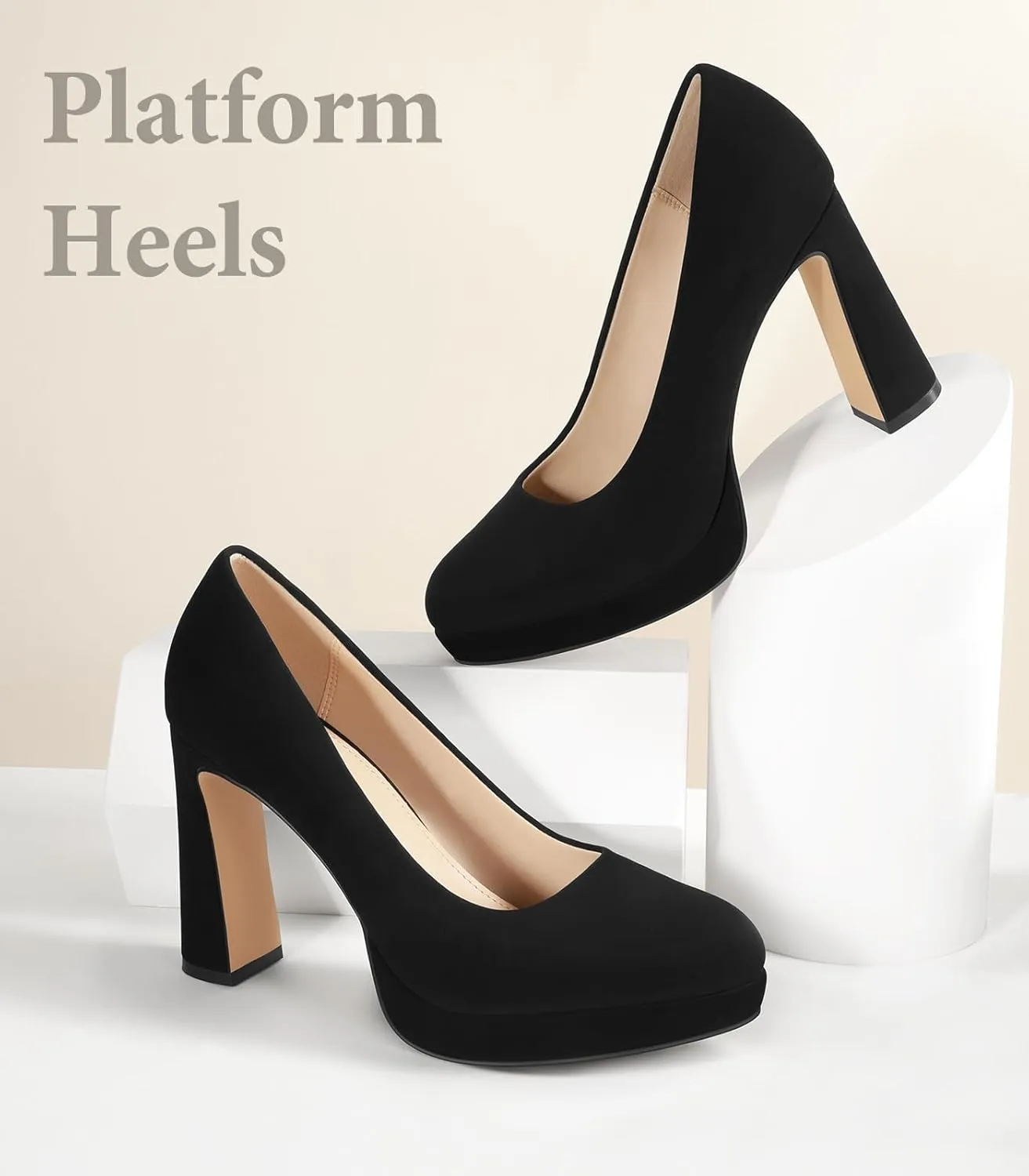 Ankis Platform Heels Womens Pumps Black White Nude Closed Toe Chunky Heel Shoes