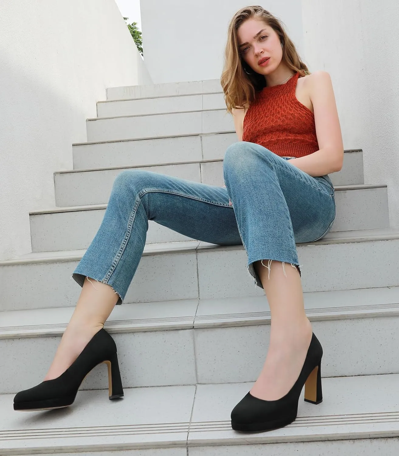 Ankis Platform Heels Womens Pumps Black White Nude Closed Toe Chunky Heel Shoes