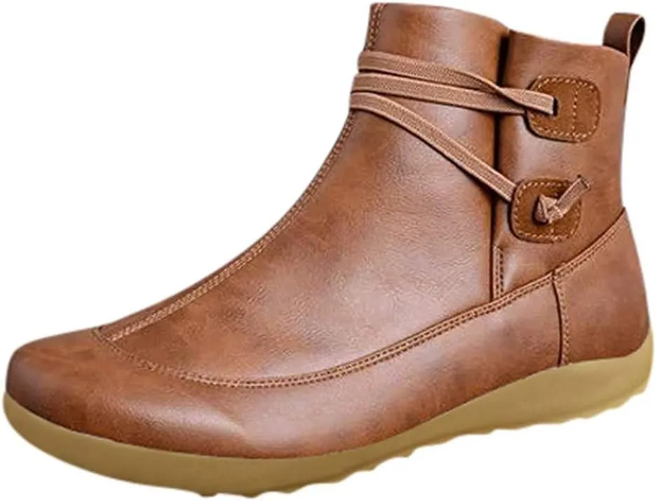 Ankle Booties for Women Flat Heel, Womens Ankle Boots Fashion Lace-up Waterproof Shoes Vintage Booties Low Heel Arch Support