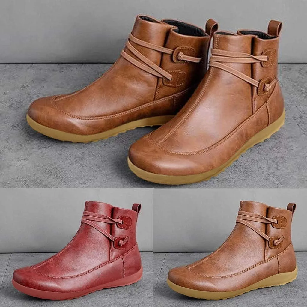 Ankle Booties for Women Flat Heel, Womens Ankle Boots Fashion Lace-up Waterproof Shoes Vintage Booties Low Heel Arch Support
