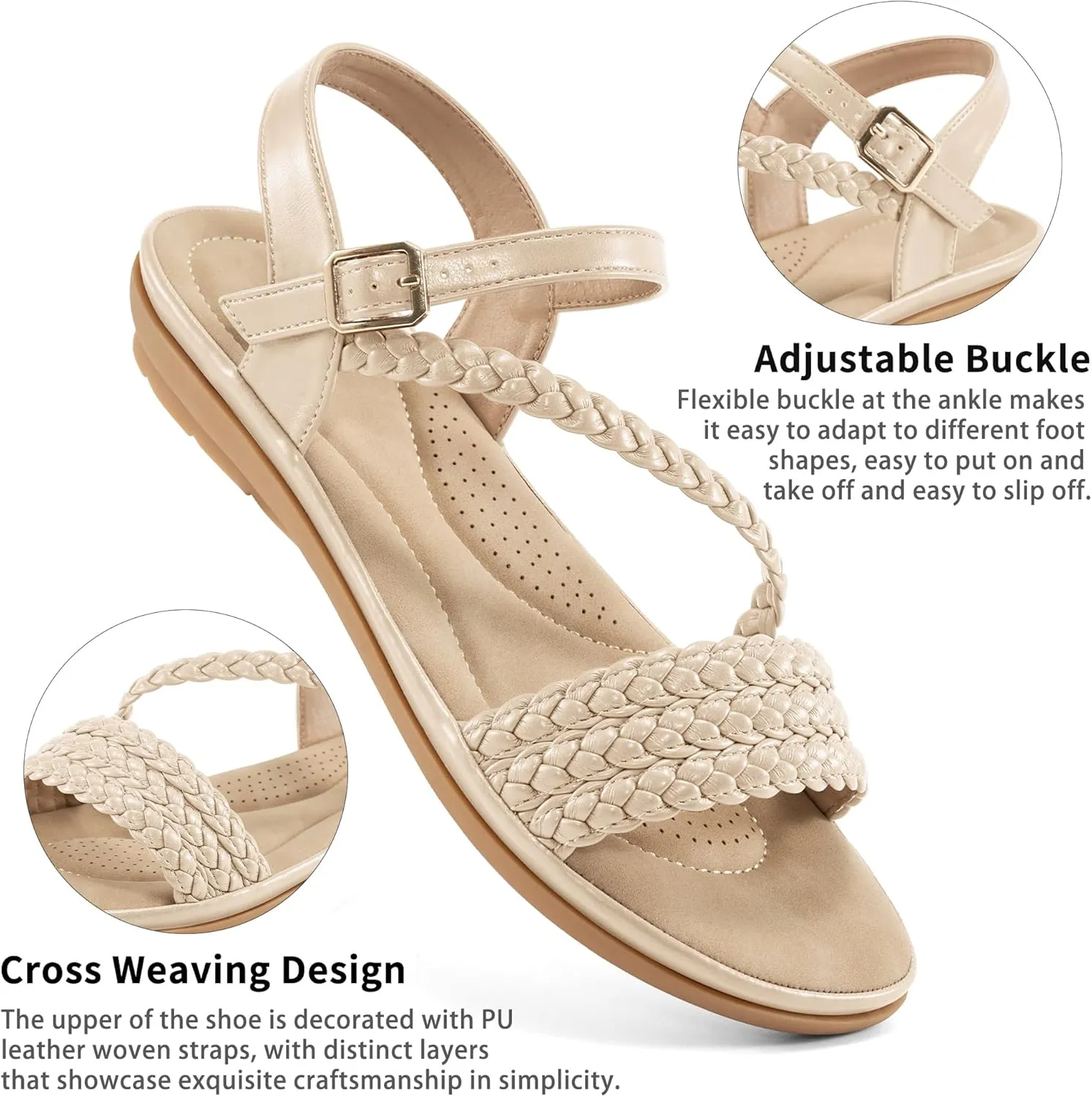 Aomigoct Dressy Womens Sandals Summer: Comfortable Strappy Flats Sandals Women - Beach Walking Woman Shoes