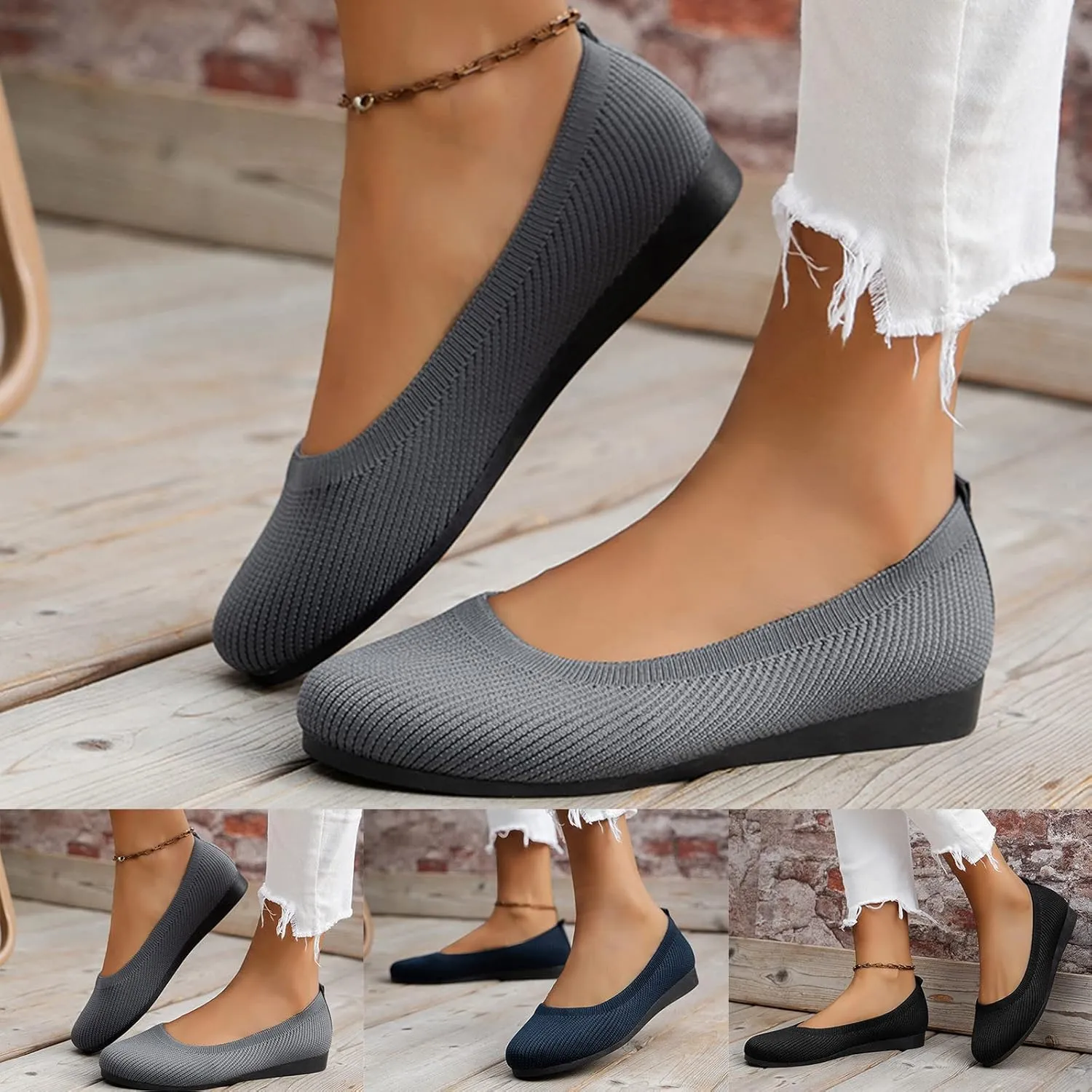Ballet Flats Shoes for Women Dressy Breathable Knit Flat Shoes Slip On Business Loafer Shoes Casual Walking Shoes