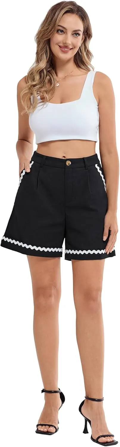 Belle Poque Bermuda Shorts for Women Trendy High Waisted Wide Leg Pleated Tailored Workout Dressy Cotton Trouser Shorts
