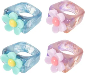 BESPORTBLE Unique Vintage Resin Rings Set for Women 4pcs Flower Fashion Rings for Stackable Jewelry