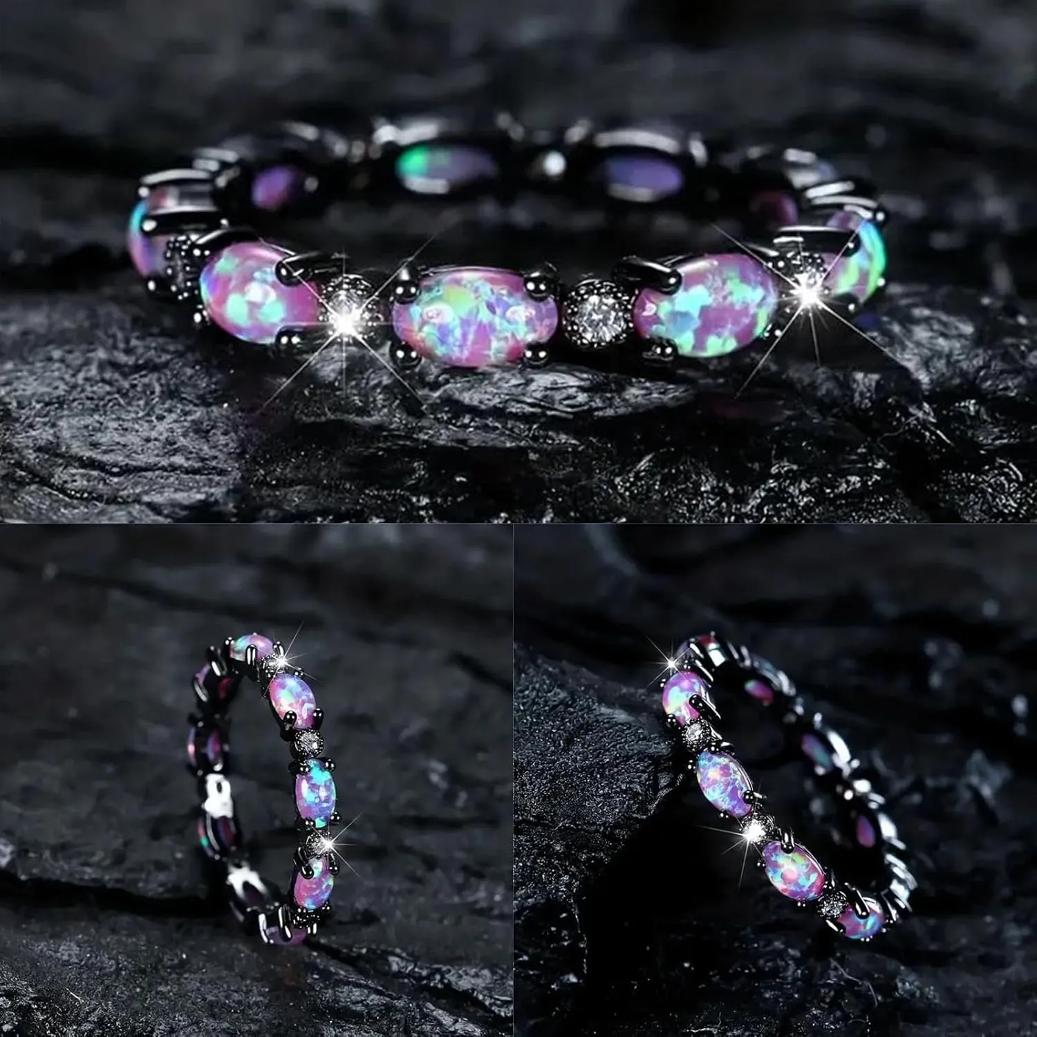 Black And Purple Stone Promise Rings,Opal Ring for Women Rose Gold Plated Sterling Silver Engagement Delicate Design Knot Set Fashion Wedding Promise High Grade Rings Jewelry Gifts