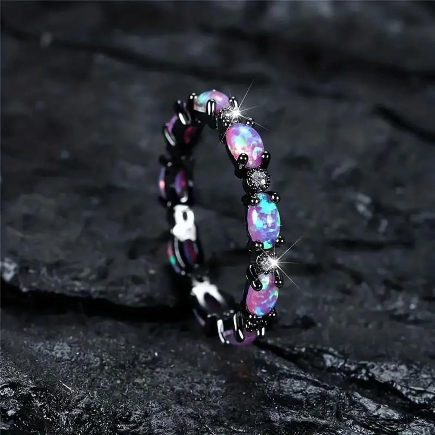 Black And Purple Stone Promise Rings,Opal Ring for Women Rose Gold Plated Sterling Silver Engagement Delicate Design Knot Set Fashion Wedding Promise High Grade Rings Jewelry Gifts