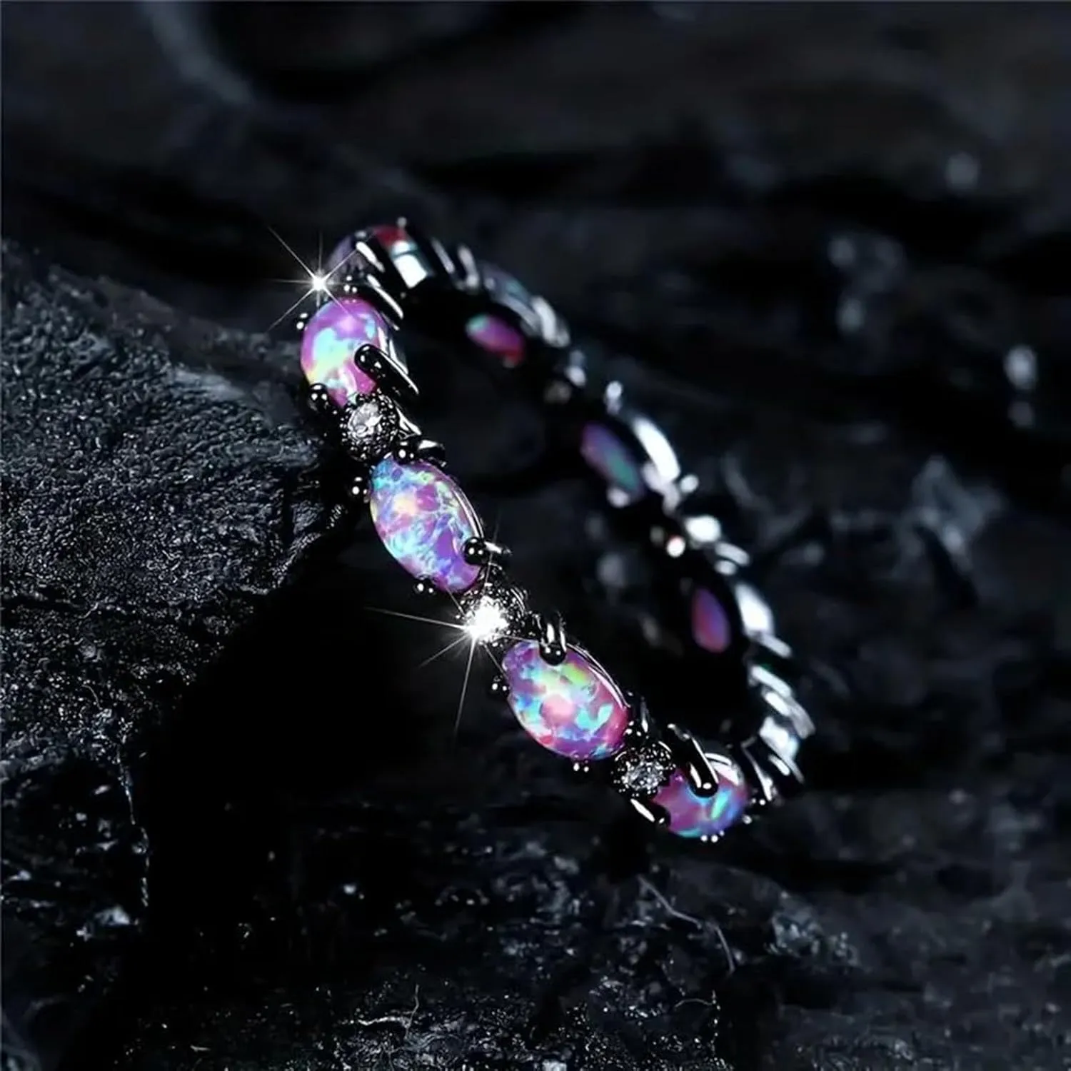 Black And Purple Stone Promise Rings,Opal Ring for Women Rose Gold Plated Sterling Silver Engagement Delicate Design Knot Set Fashion Wedding Promise High Grade Rings Jewelry Gifts