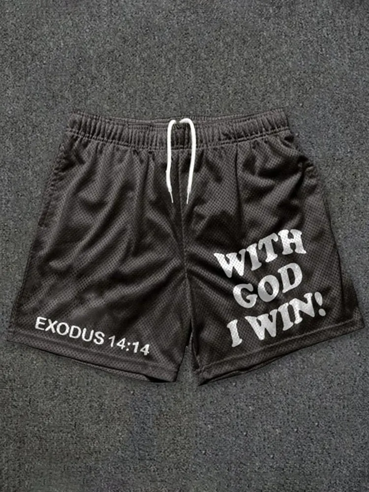 Blavra With God I Win Print Casual Street Mesh Shorts