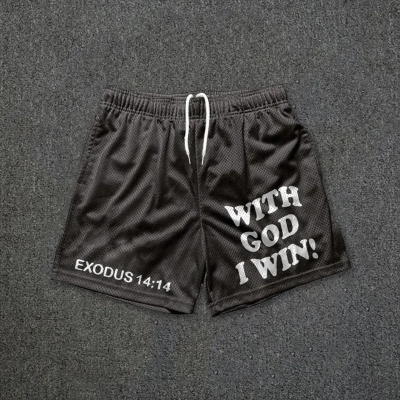 Blavra With God I Win Print Casual Street Mesh Shorts