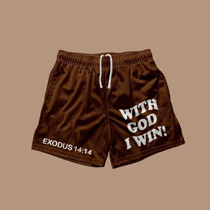 Blavra With God I Win Print Casual Street Mesh Shorts