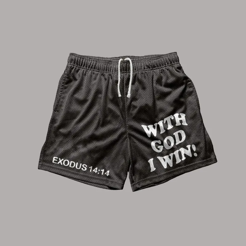 Blavra With God I Win Print Casual Street Mesh Shorts