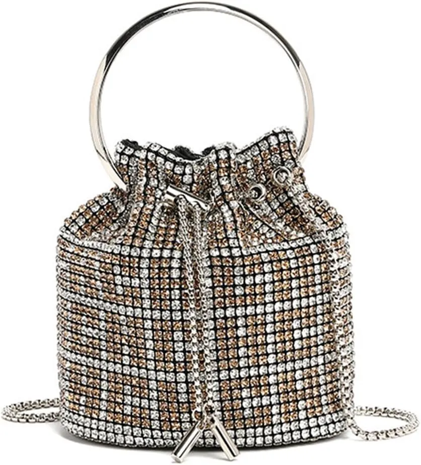 Bling Evening Handbag Rhinestone Drawstring Shoulder Bucket Purse Diamond Clutch Purse Party Wedding Shopping