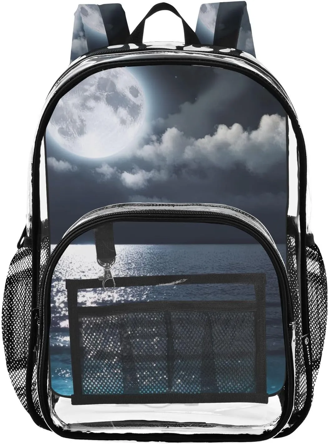 Blue Ocean Moon Clear Backpack with Back Print, Heavy Duty See Through Backpacks PVC Transparent Daypack for Travel Security