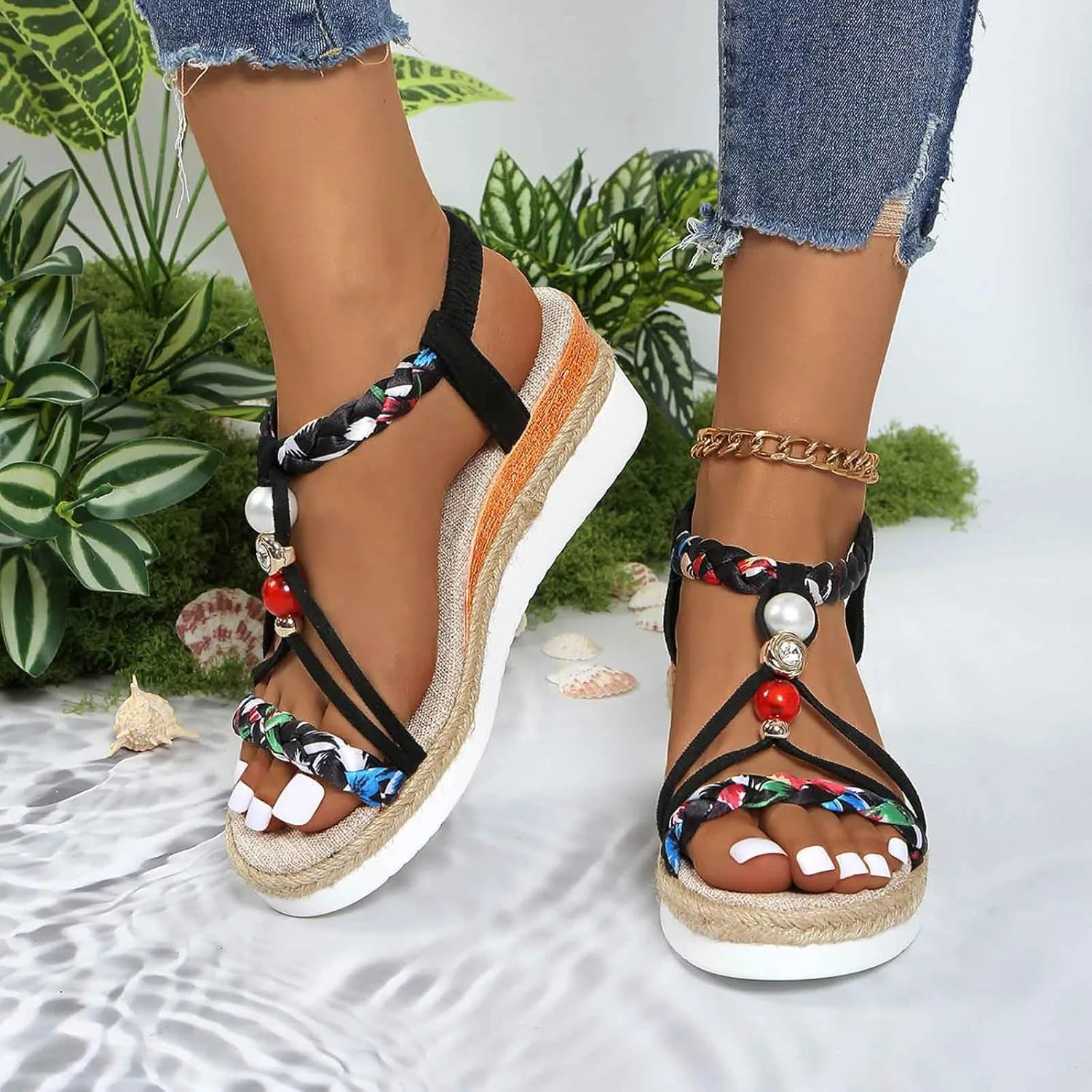 Bohemian Wedge Sandals for Women Wide Width Casual Orthopedic Open Toe Sandals Jeweled Beaded Slip On Ankle Strap 2025 Shoes