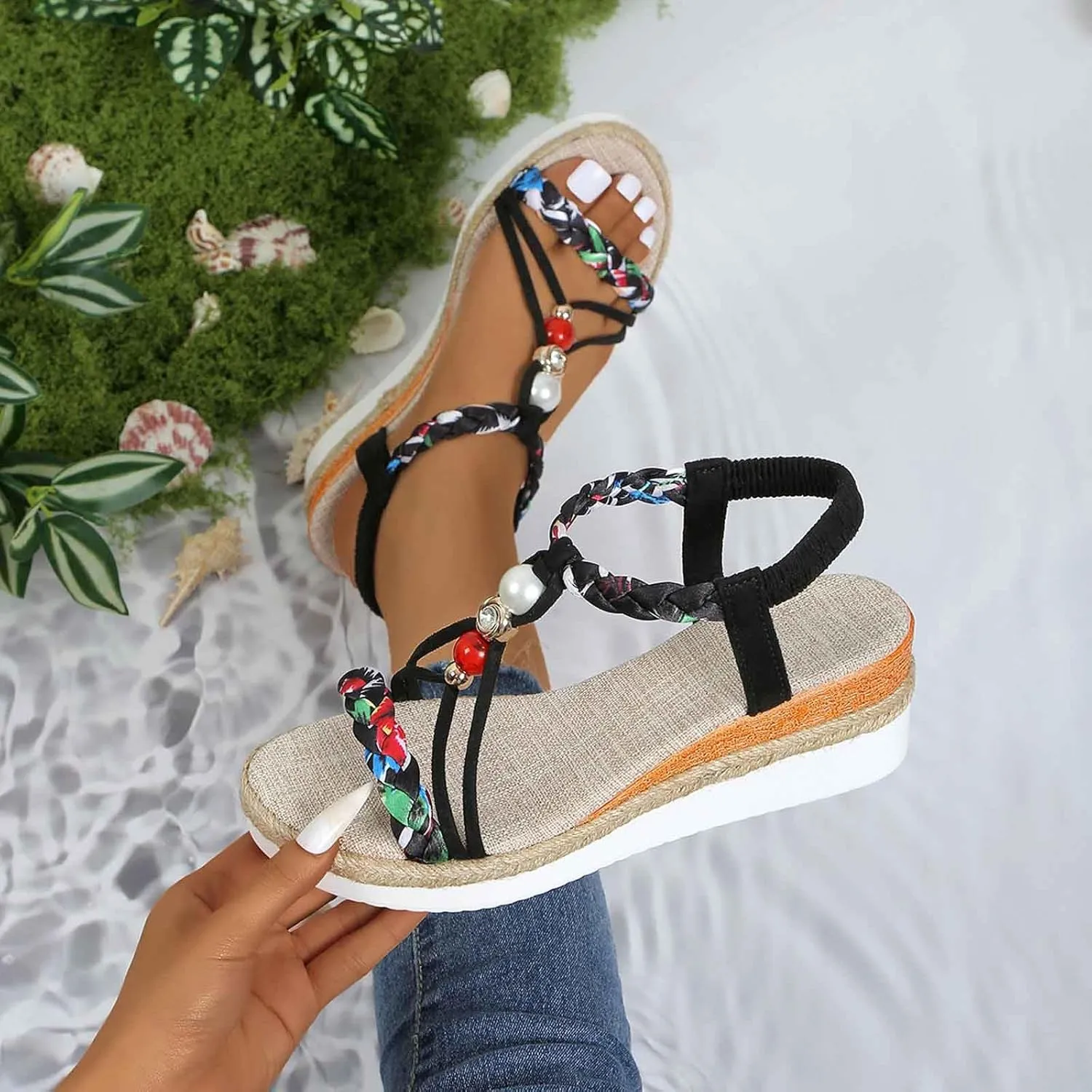 Bohemian Wedge Sandals for Women Wide Width Casual Orthopedic Open Toe Sandals Jeweled Beaded Slip On Ankle Strap 2025 Shoes