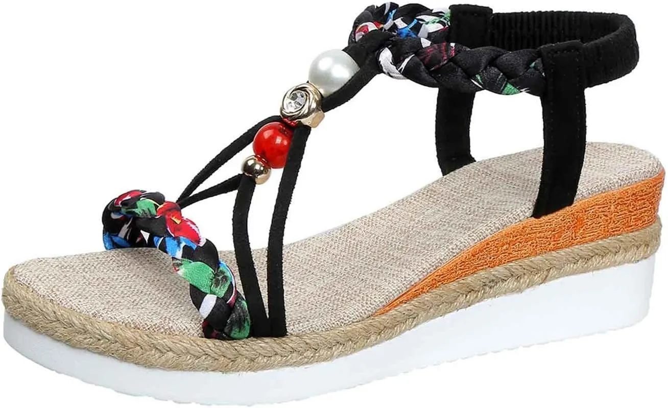 Bohemian Wedge Sandals for Women Wide Width Casual Orthopedic Open Toe Sandals Jeweled Beaded Slip On Ankle Strap 2025 Shoes