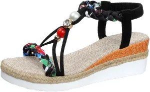 Bohemian Wedge Sandals for Women Wide Width Casual Orthopedic Open Toe Sandals Jeweled Beaded Slip On Ankle Strap 2025 Shoes