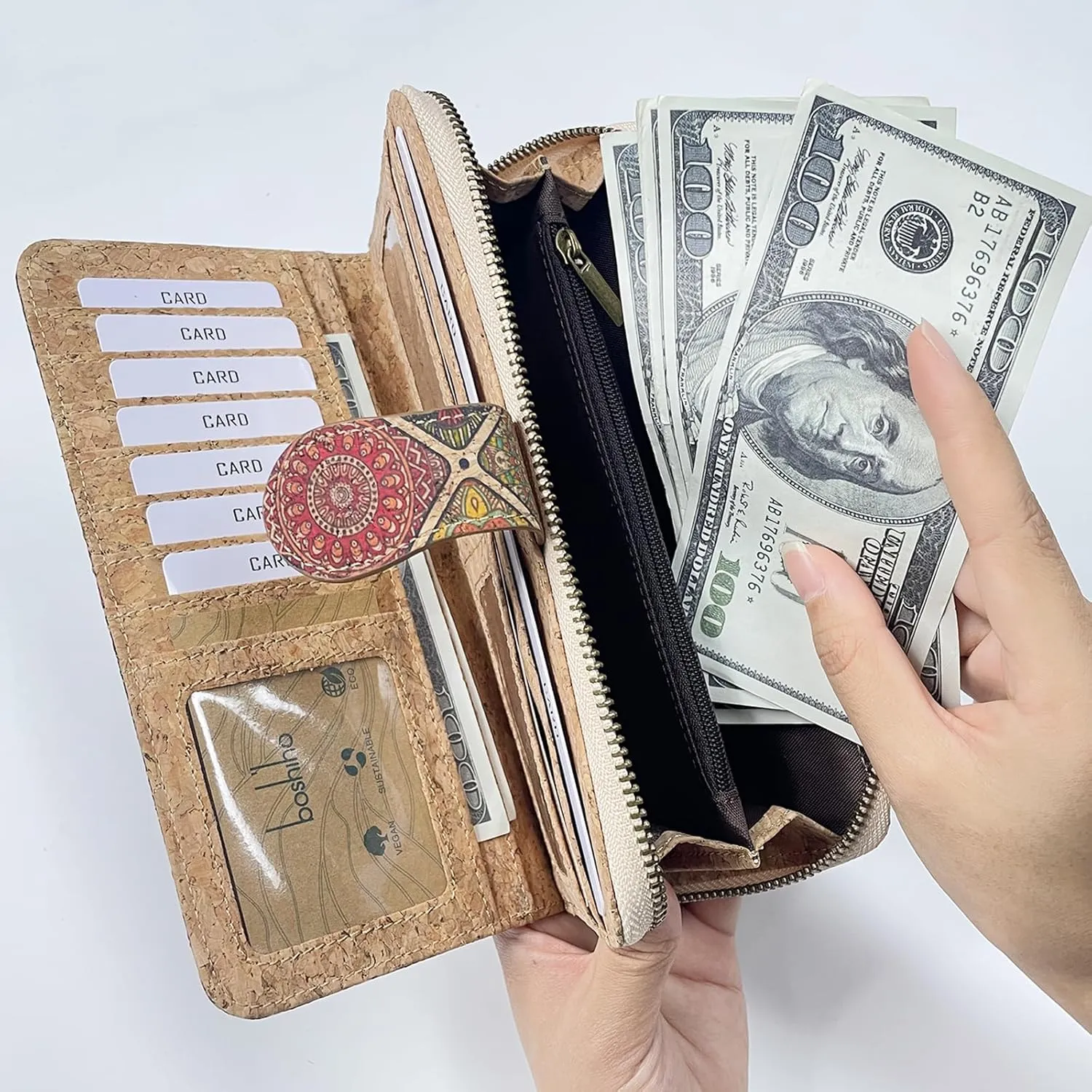 boshiho Vegan Cork Wallet, Womens Purse Slim Zipper Design with Card Holder Coin Pocket Purse Eco-friendly Vegan Gift