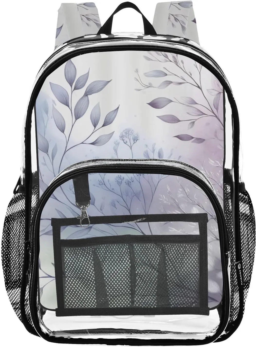 Branches with Purplish Leaves Clear Backpack with Back Print, Heavy Duty See Through Backpacks PVC Transparent Daypack for Travel Security