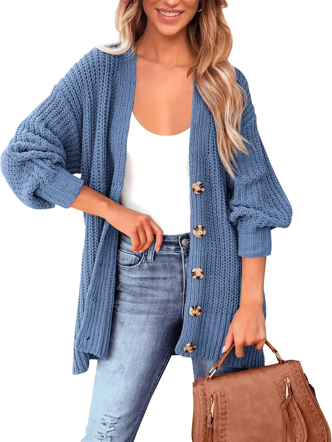 BTFBM Women's Button Down Cardigan Coat Long Sleeve Fall Winter Clothes Loose Chunky Knit Open Front Sweater Outerwear