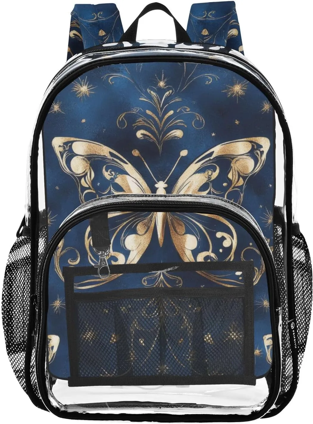 Butterfly Gold Blue Clear Backpack with Back Print, Heavy Duty See Through Backpacks PVC Transparent Daypack for Travel Security