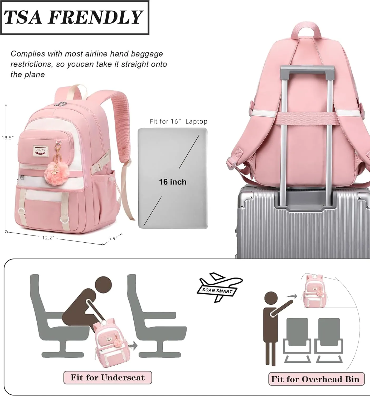 Caoroky knight Laptop Backpack Purse 15.6 inch School Bag College Back Pack Anti Theft Travel Backpacks Large Bookbag for Teens Girls Women Students Casual Daypack - Pink