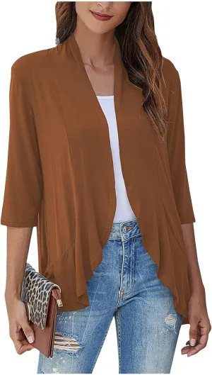Cardigan for Women Lightweight Summer 3/4 Sleeve Open Front Ruffle Kimono Cardigan Duster