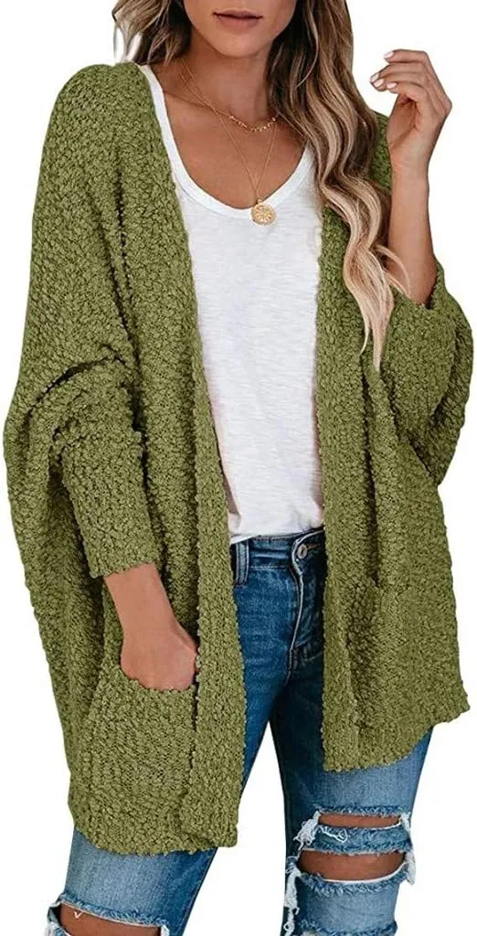 Cardigan Women's Long Oversized Open Front Sweater Popcorn Pockets Sleeve 4X Sweaters for Women Plus Size