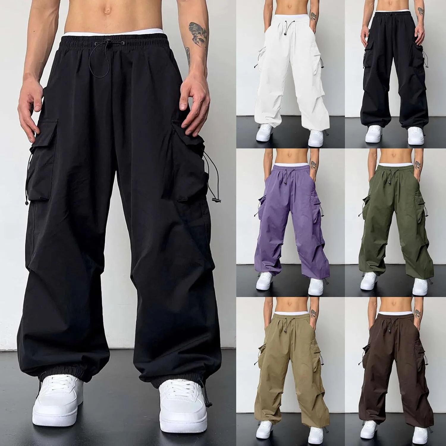 Cargo Pants for Men Baggy, Men's Baggy Cargo Pants Trendy Casual Parachute Pant Loose Fit Harem Joggers with Pockets