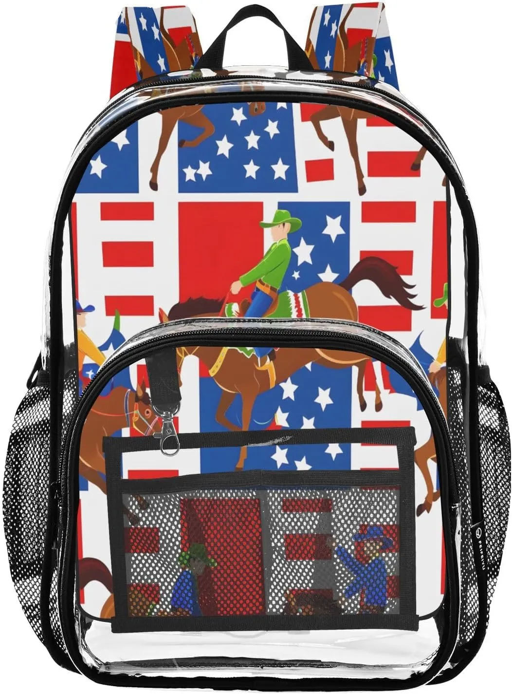 Cartoon American Cowboys Clear Backpack with Back Print, Heavy Duty See Through Backpacks PVC Transparent Daypack for Travel Security