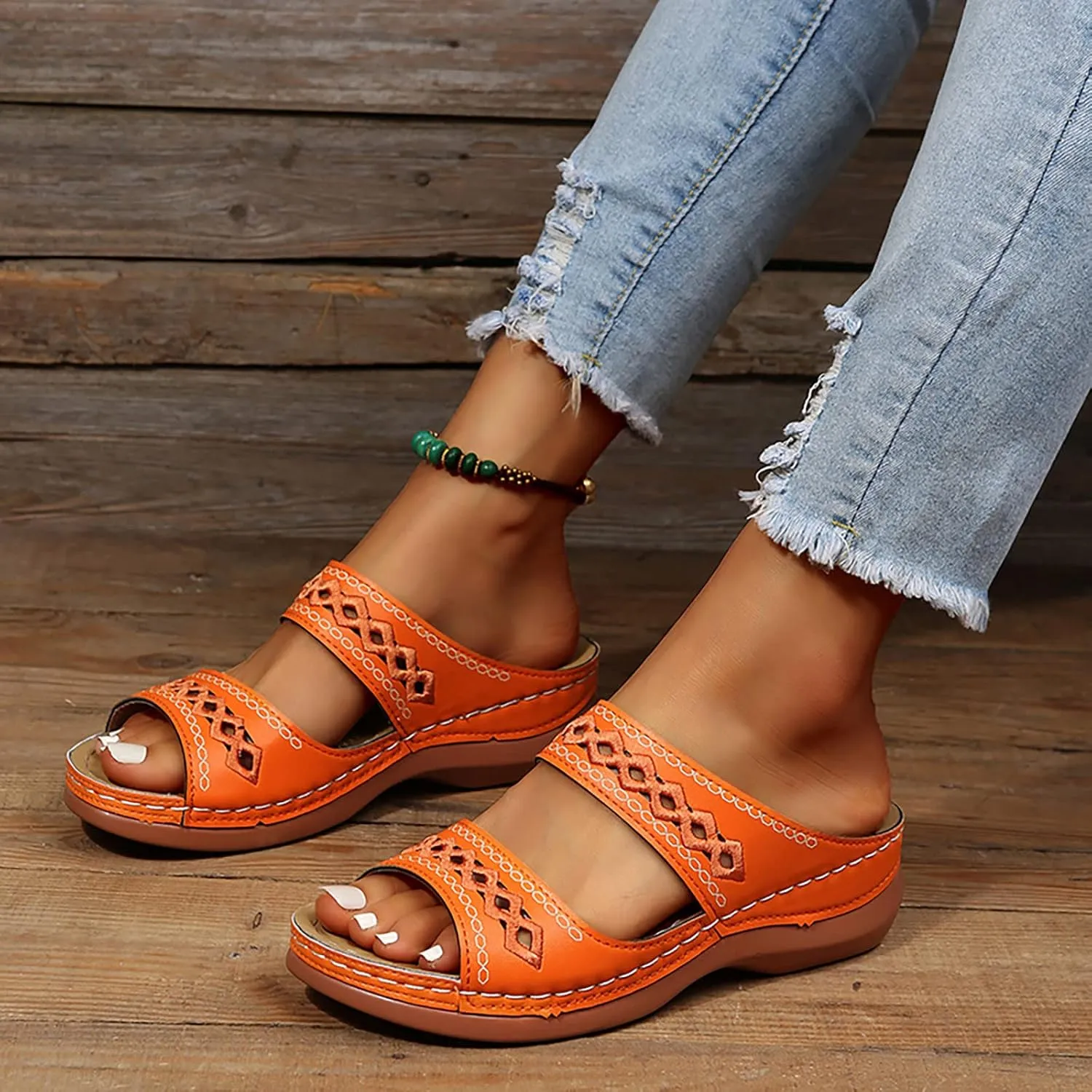 Cathalem Orthopedic Sandals for Women Casual Strappy Low Wedges Sandals Summer Beach Sandals Dress Shoes