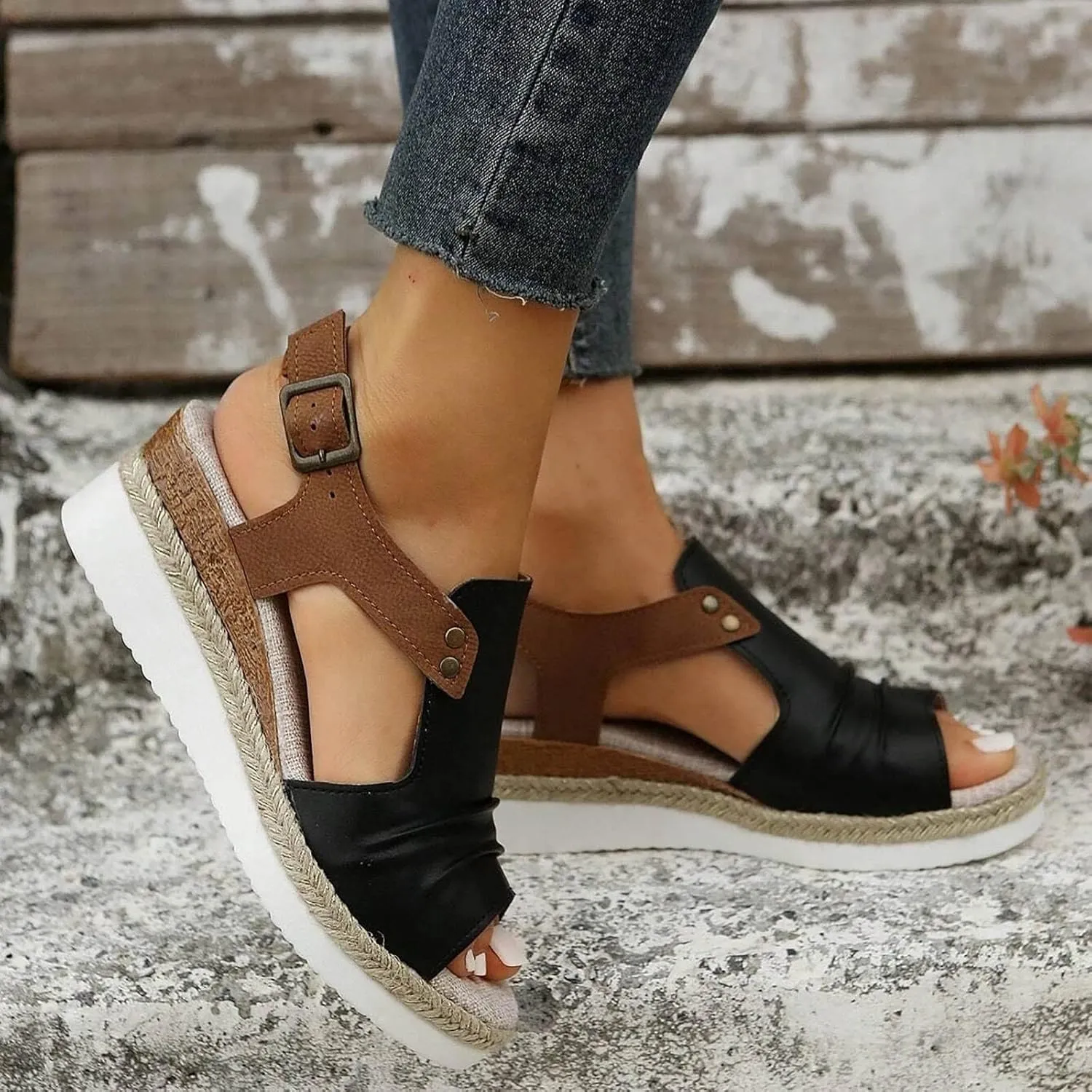 Cathalem Summer Sandals for Women 2024 Casual Strappy High Wedges Slip on Sandals Beach Sandals Dress Shoes