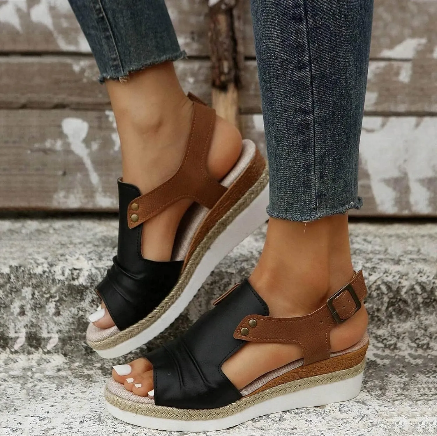 Cathalem Summer Sandals for Women 2024 Casual Strappy High Wedges Slip on Sandals Beach Sandals Dress Shoes