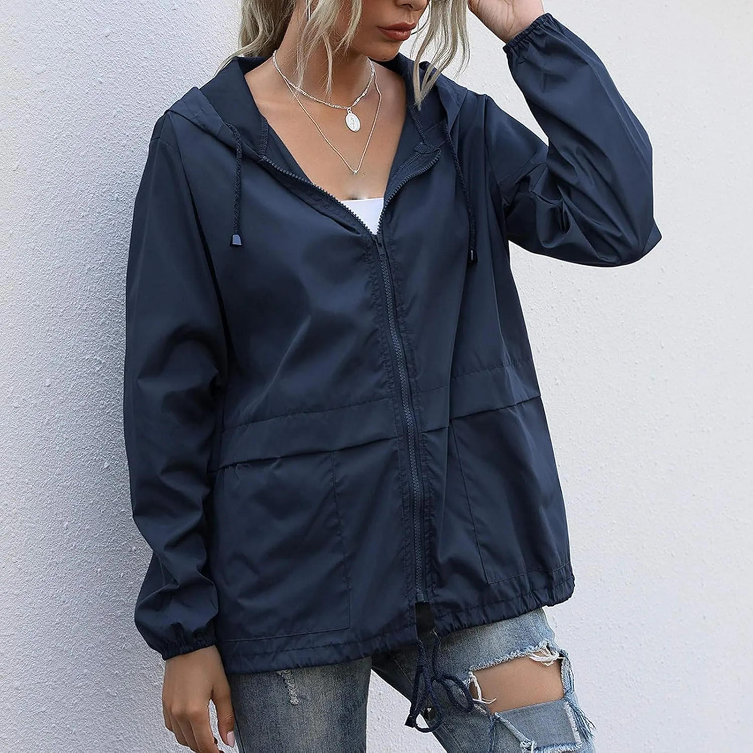 Cdiecer Women's Raincoats Lightweight Rain Jacket Waterproof Windproof Rain Coat Adjustable Hooded Windbreaker with Pockets