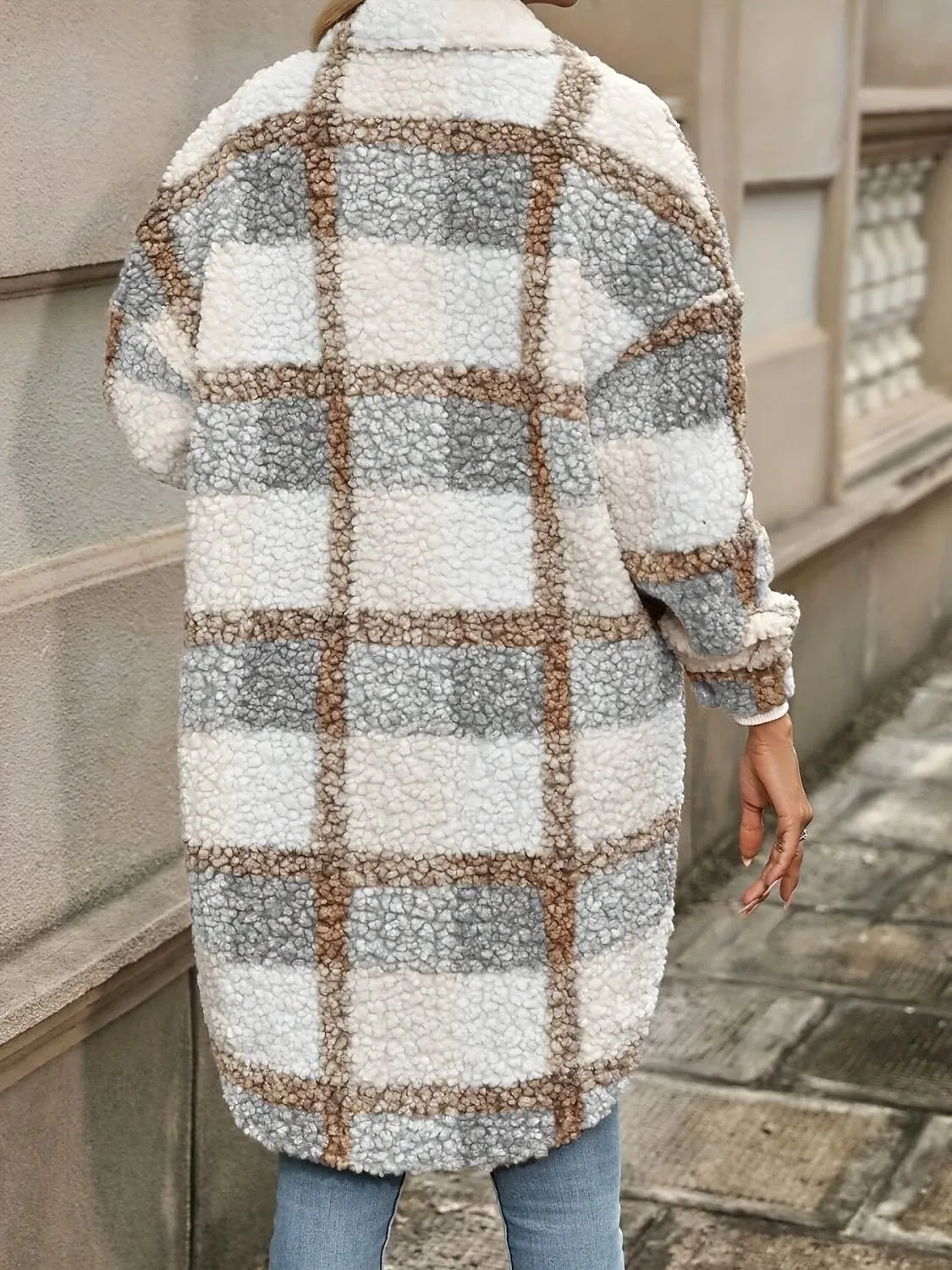 CHARTOU Womens Mid Long Plaid Fuzzy Fleece Jacket Lapel Button Down Overcoat Trench Coats Checkered Warm Sherpa Teddy Coat