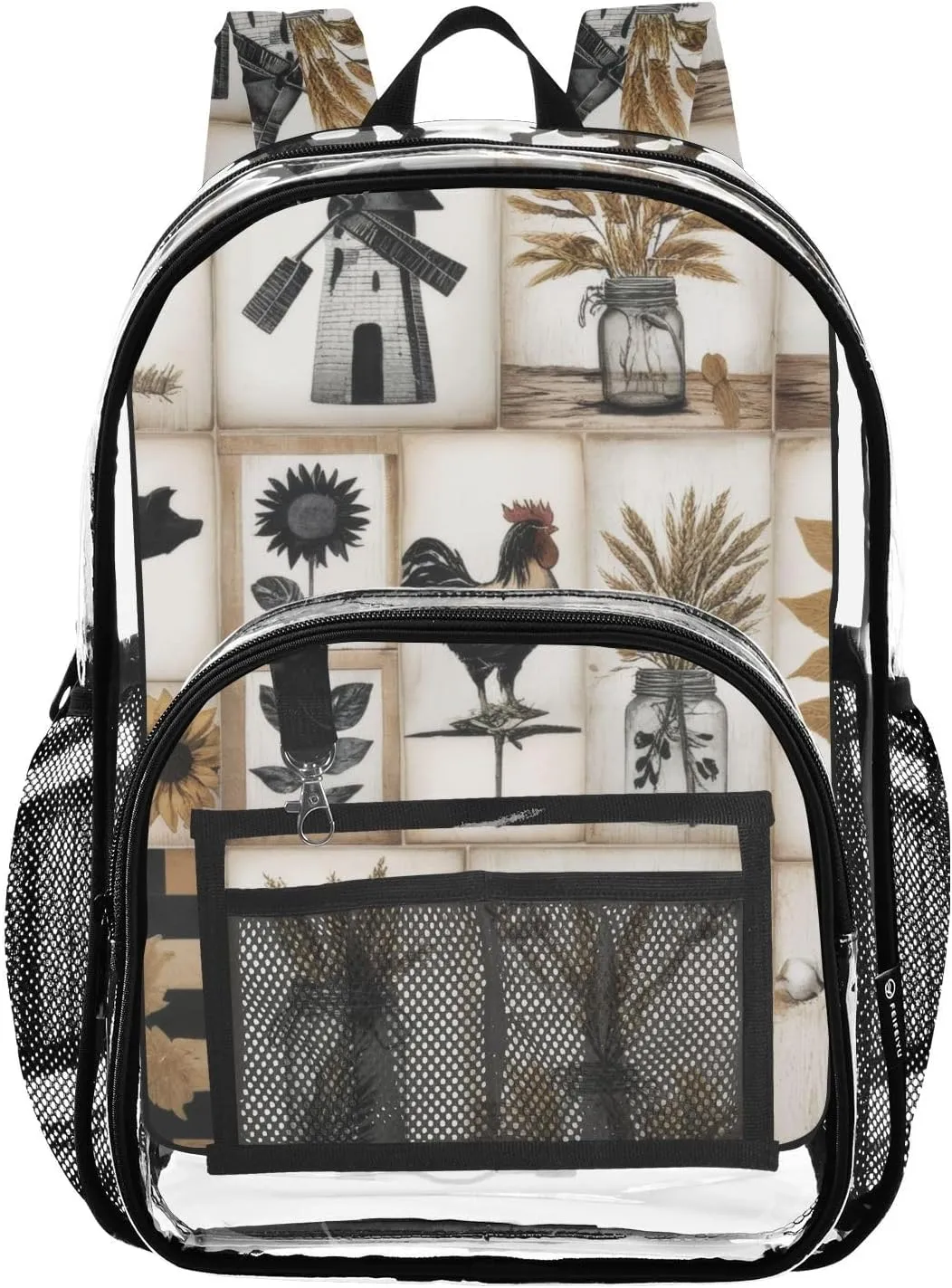 Checkered Leaves Rooster Pig Windmill Clear Backpack with Back Print, Heavy Duty See Through Backpacks PVC Transparent Daypack for Travel Security