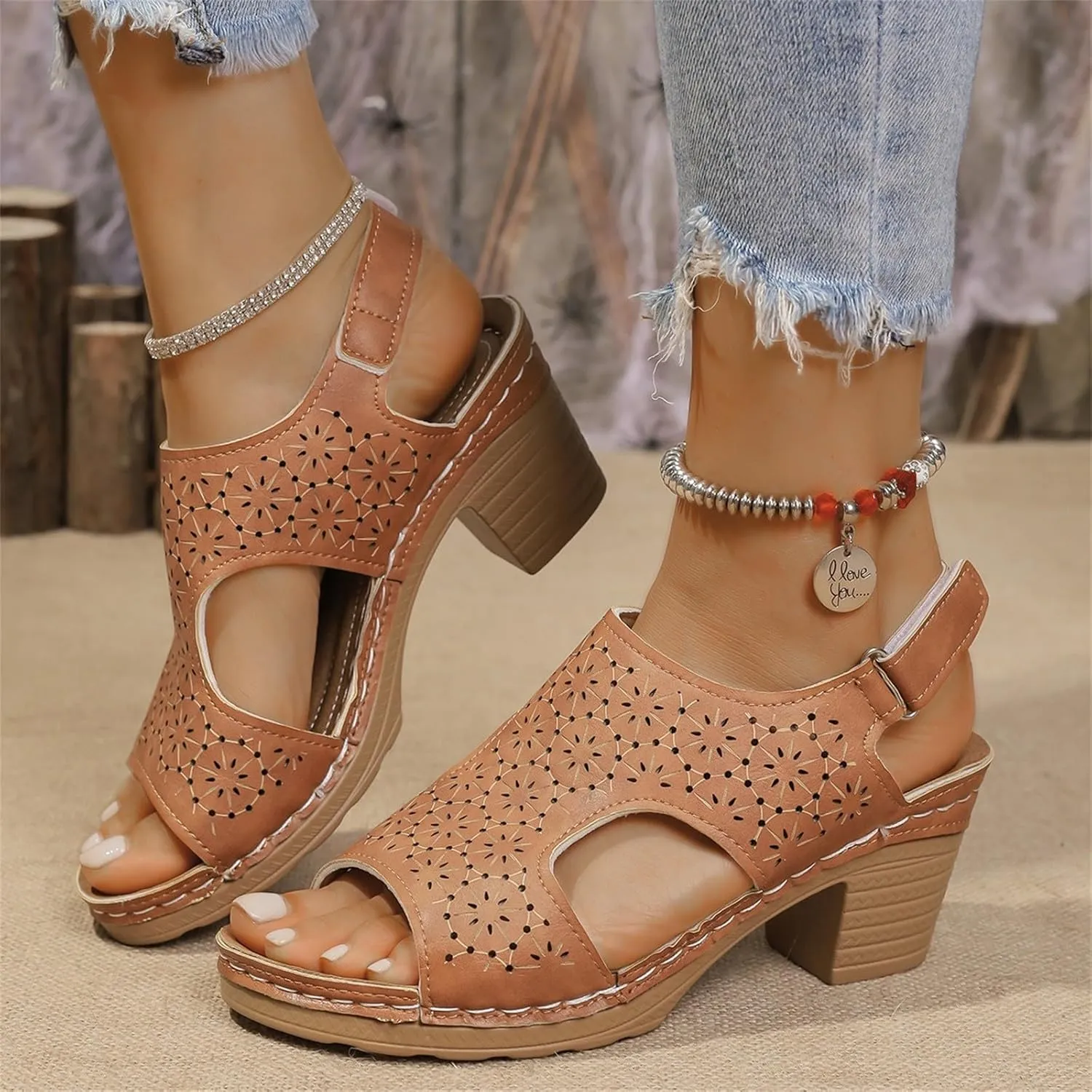 Chunky Heel Sandals for Women Open Toe Ankle Strap Heeled Sandals Hollow Out Breathable High Heels, Summer Fashion Fish Mouth Dress Shoes Slip On All Day Comfort