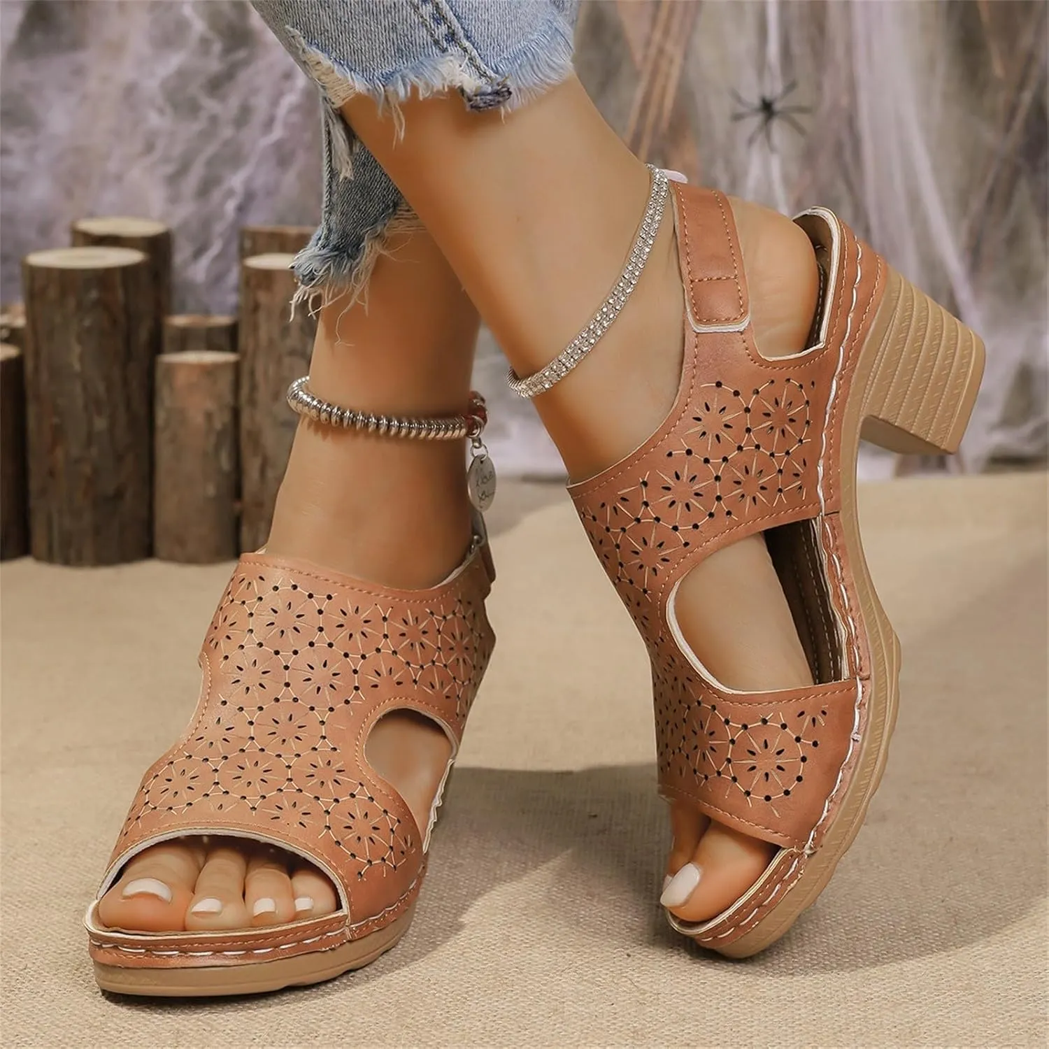 Chunky Heel Sandals for Women Open Toe Ankle Strap Heeled Sandals Hollow Out Breathable High Heels, Summer Fashion Fish Mouth Dress Shoes Slip On All Day Comfort