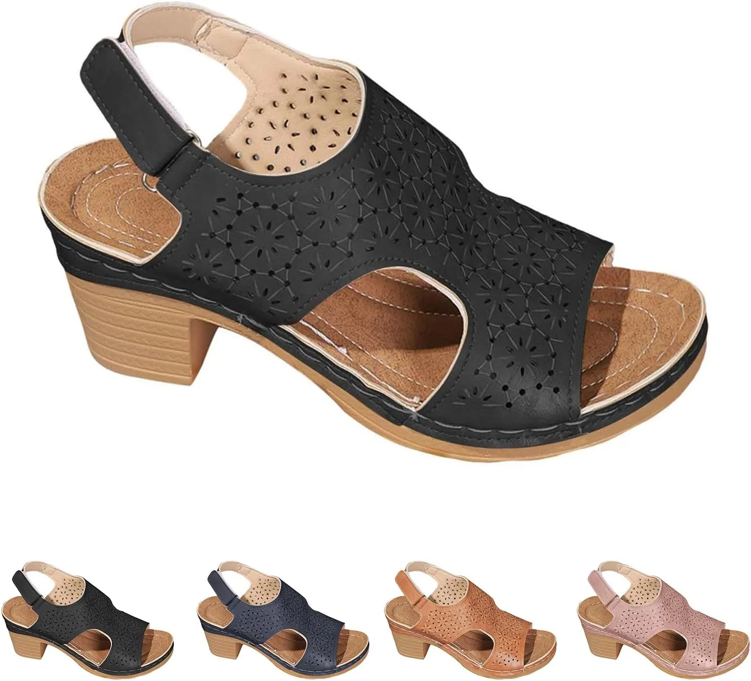 Chunky Heel Sandals for Women Open Toe Ankle Strap Heeled Sandals Hollow Out Breathable High Heels, Summer Fashion Fish Mouth Dress Shoes Slip On All Day Comfort