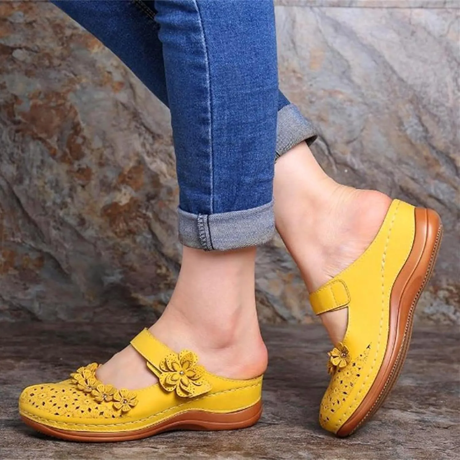 Clogs for Women Mules Shoes Comfortable Dressy Summer Closed Toe Wedge Sandals Fashion Hook and Loop Fastener Slipper Backless Low Wedge Slip On Shoes