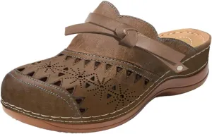 Clogs for Women Wide Width Wedge Sandals Closed Toe Hollow Out Arch Support Summer Outdoor Beach Slippers Slip on Breathable Vintage Leather Soft Sandals