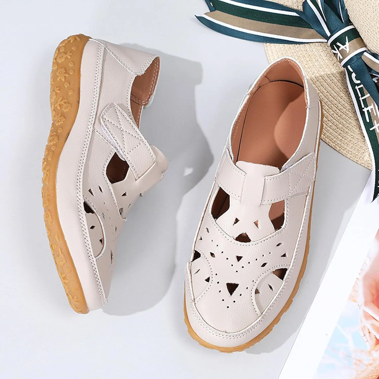 Closed Toe Sandals for Women 2025 Dressy Summer Comfortable Flat Sandals with Arch Support Casual Hollow Out Flat Shoes Wide Width Trendy Sandal Dress Shoes