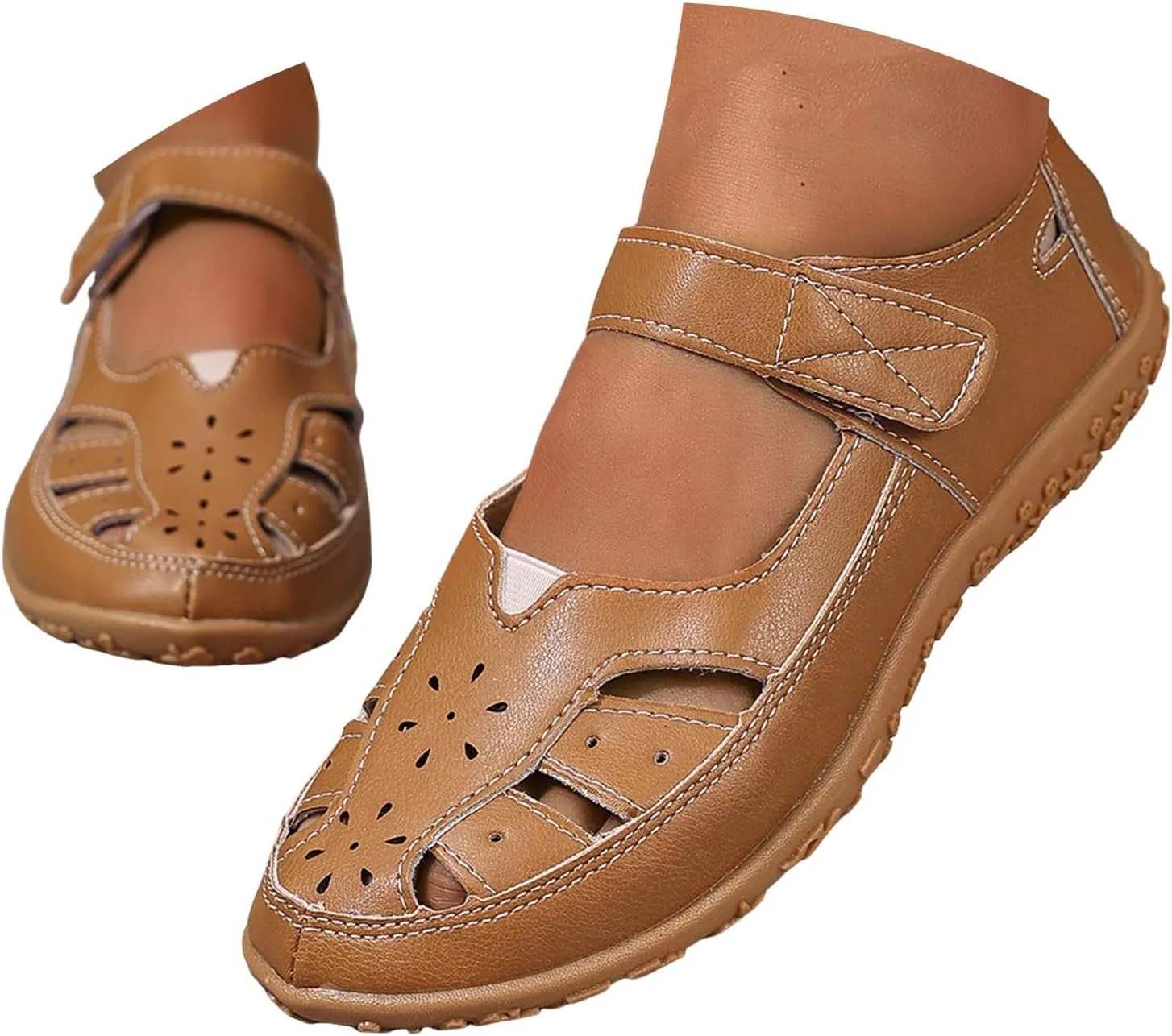 Closed Toe Sandals for Women 2025 Dressy Summer Comfortable Flat Sandals with Arch Support Casual Hollow Out Flat Shoes Wide Width Trendy Sandal Dress Shoes