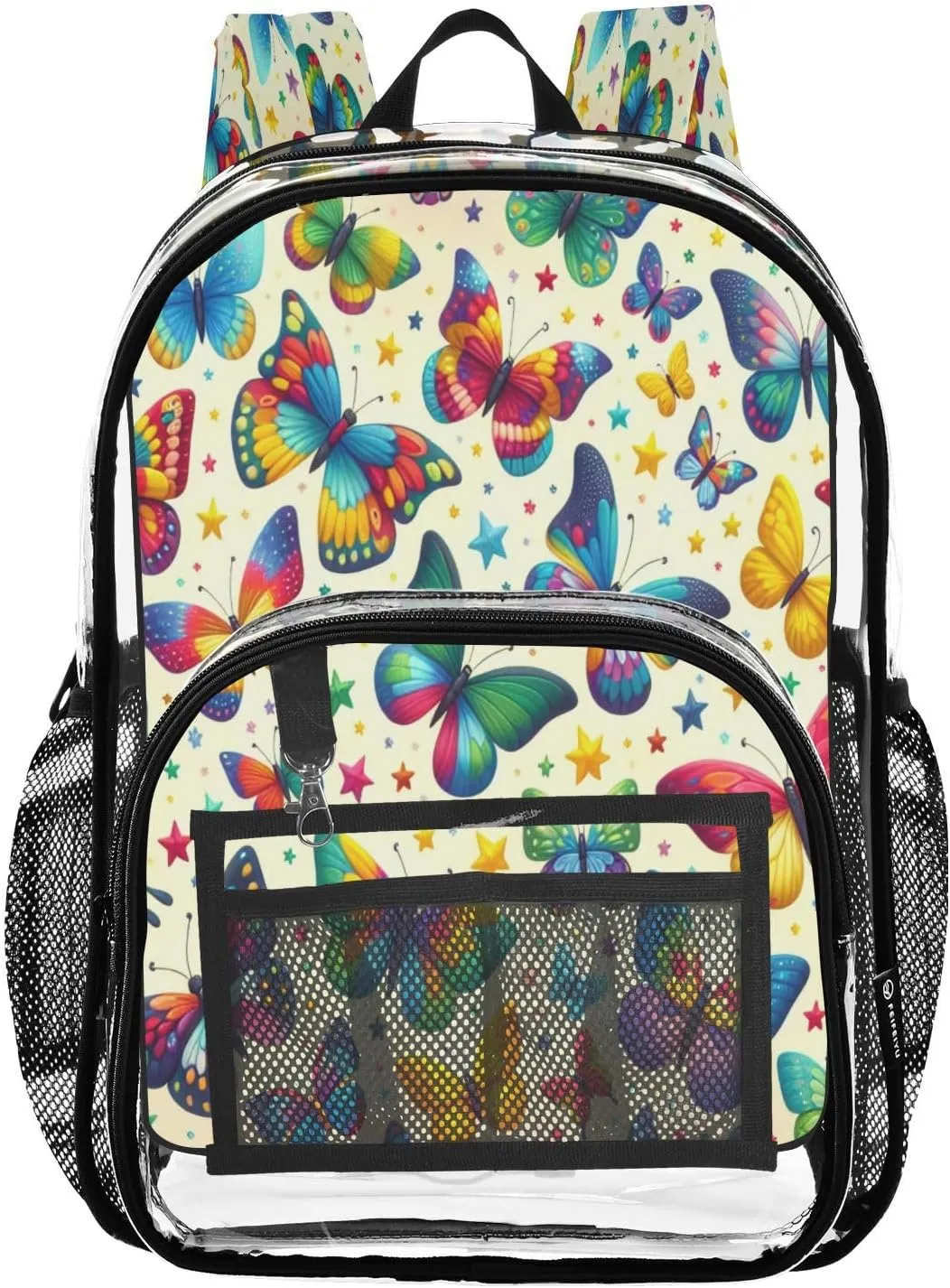 Colorful Butterflies Clear Backpack with Back Print, Heavy Duty See Through Backpacks PVC Transparent Daypack for Travel Security