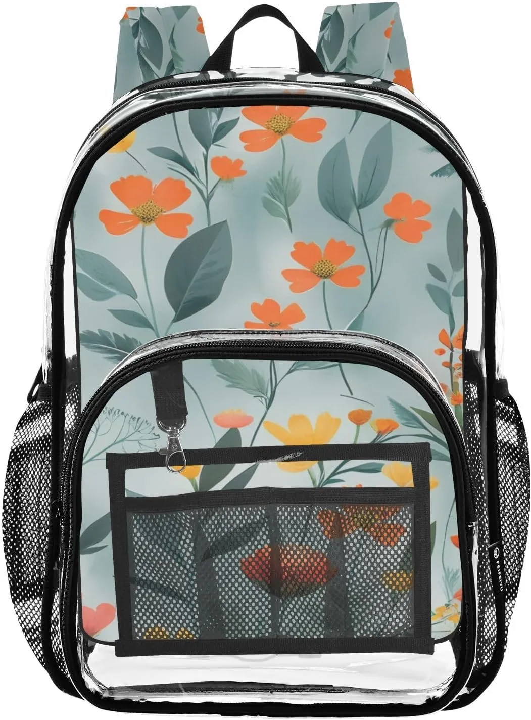 Colorful Flowers and Plants Clear Backpack with Back Print, Heavy Duty See Through Backpacks PVC Transparent Daypack for Travel Security