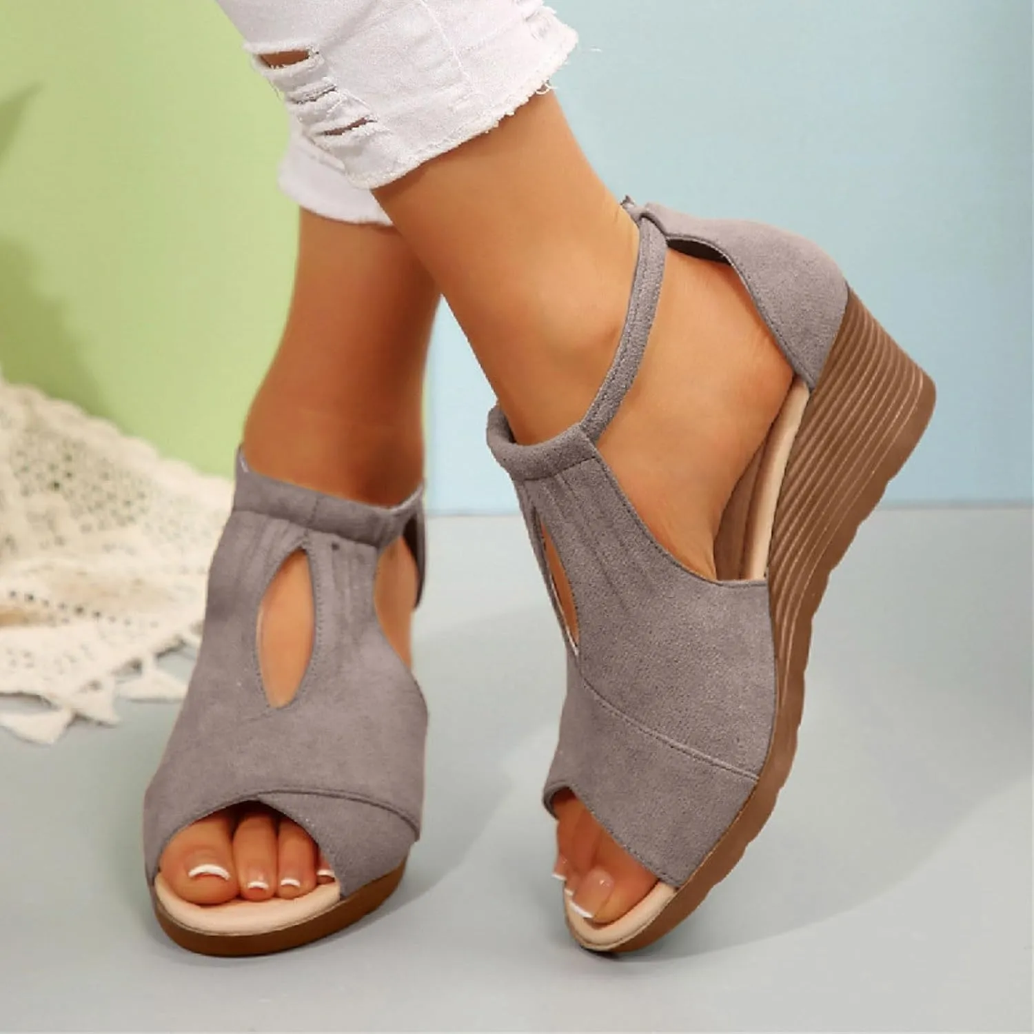 Comfort Foam Peep Toe Wedge Sandals Summer High Heel Fishmouth Arch Wedges Comfortable Adjustable Straps Flat Sandal Wedding Dressy Breathable Beach Fashion Trendy Shoes