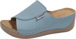 Comfortable Arch Support Slides for Women Orthopedic Wedge Sandals Wide Width Breathable Summer Orthotic Leather Platform Wedge Sandals Slip on Casual Shoes