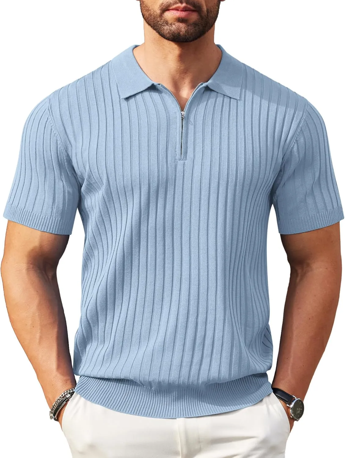COOFANDY Men's Zipper Polo Shirts Short Sleeve Ribbed Knit Polo T Shirts Fashion Casual Golf Shirts