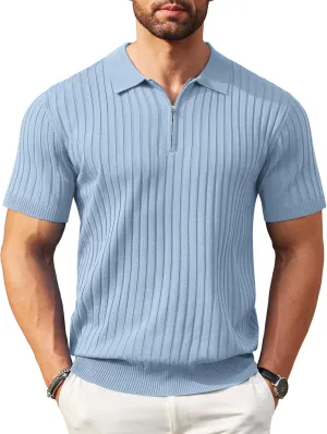 COOFANDY Men's Zipper Polo Shirts Short Sleeve Ribbed Knit Polo T Shirts Fashion Casual Golf Shirts