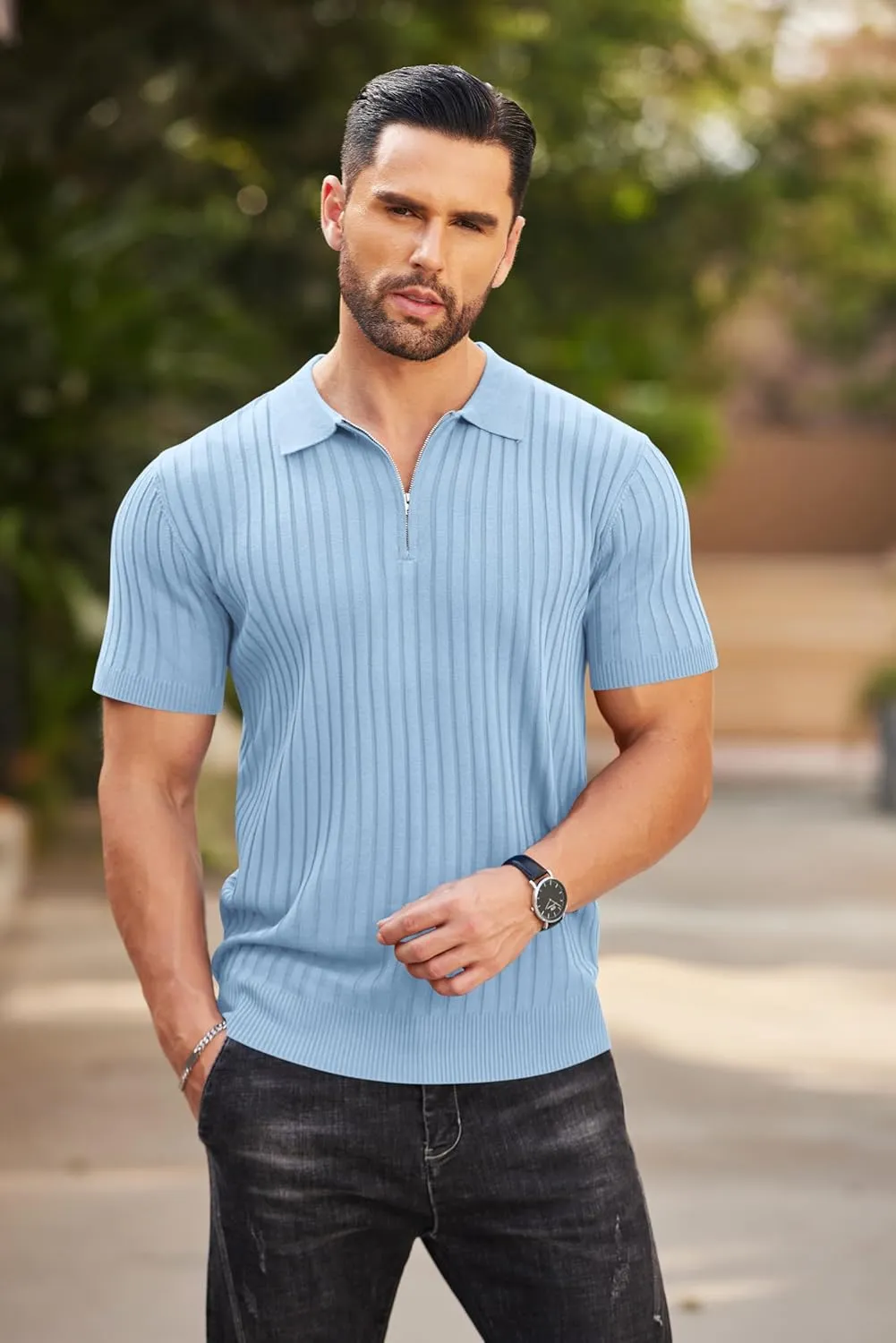 COOFANDY Men's Zipper Polo Shirts Short Sleeve Ribbed Knit Polo T Shirts Fashion Casual Golf Shirts